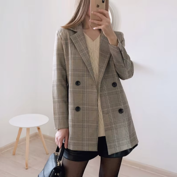 Sacou elegant în carouri pentru femei Xiao