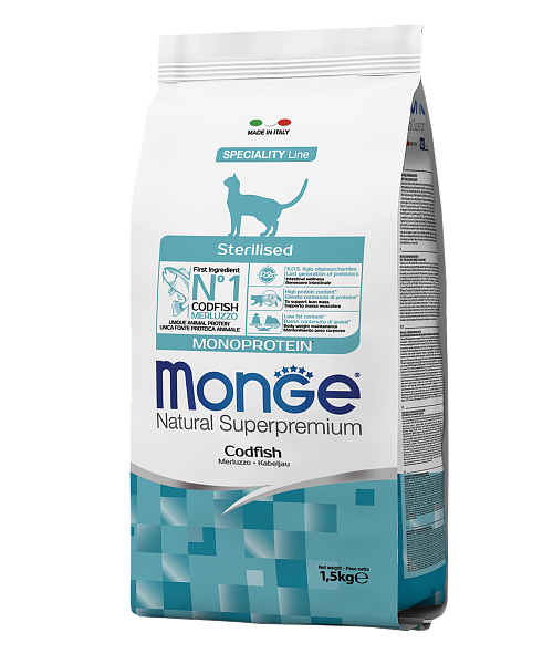 MONGE dry cat sterilised Cod Fish 1,5 kg, hrană uscată pentru pisici sterilizate