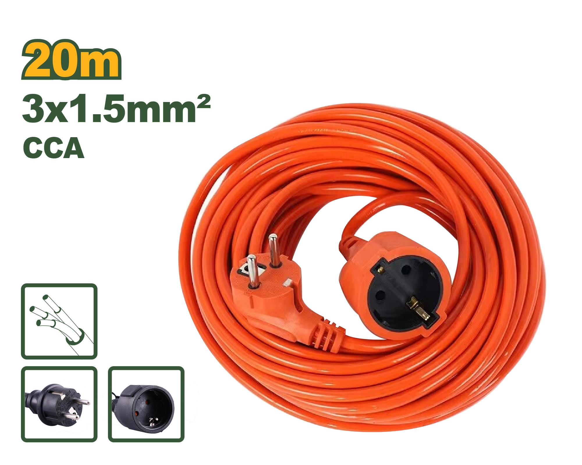 Prelungitor electric portocaliu 1 priză 20 m 3x1.5 mm² 10A 250V Jadever JDEJAG05