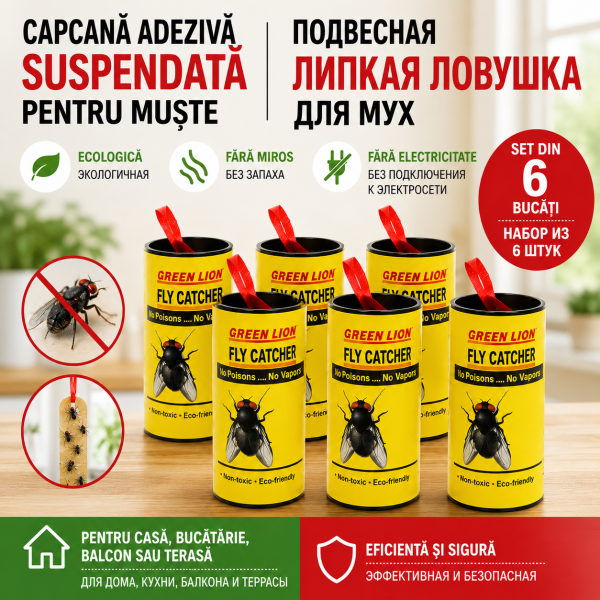 Set din 6 bucăți. Capcană adezivă suspendată pentru prinderea muștelor.