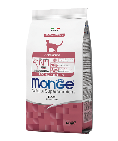 MONGE dry cat sterilised Beef 1,5 kg, hrană uscată pentru pisici sterilizate
