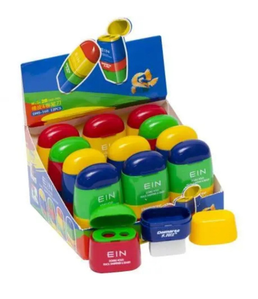 Ascutitoare creione curcubeu cu 2 gauri +container +radiera