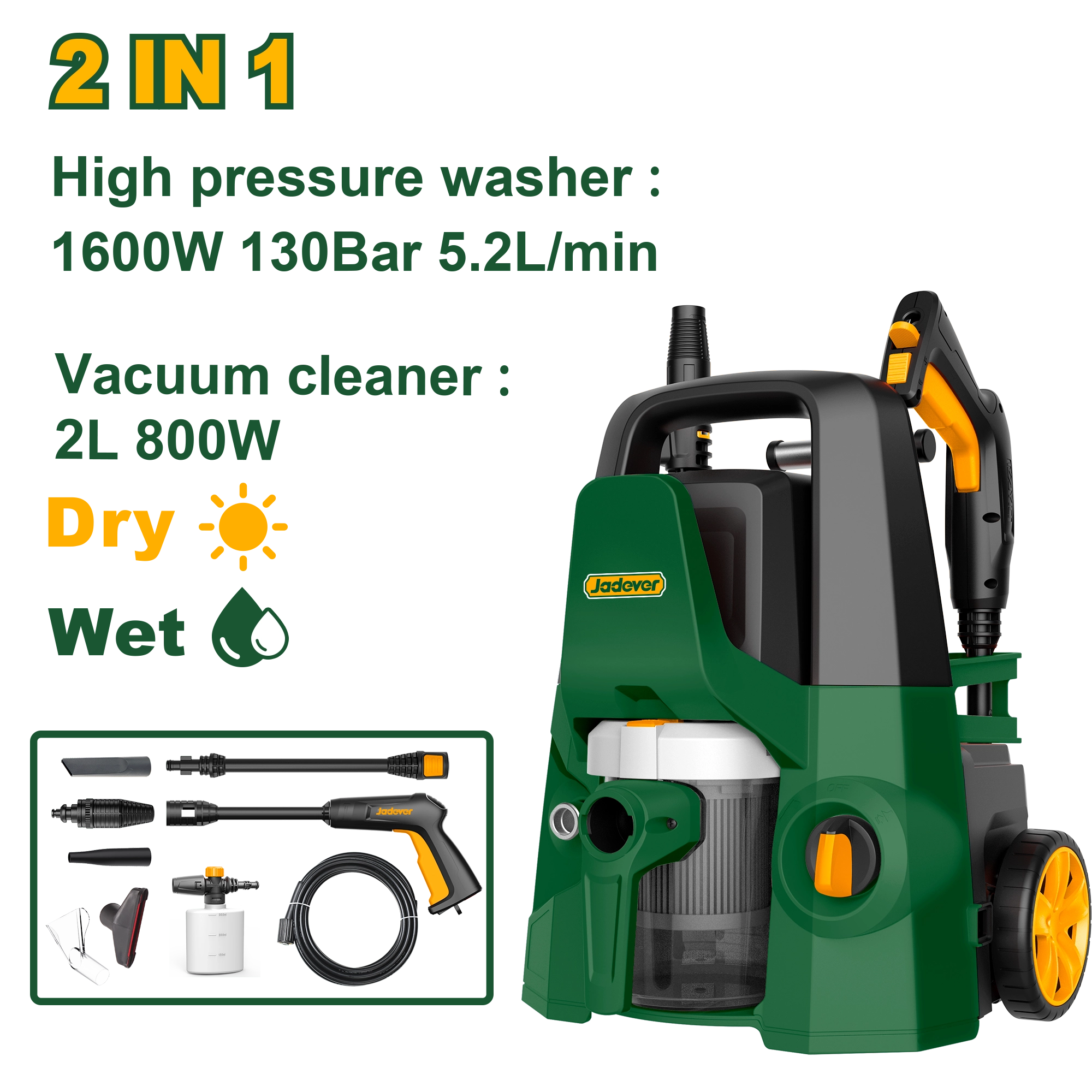 Mașină de spălat cu presiune și aspirator 2-în-1 1600W/800W Jadever JDHP4A16
