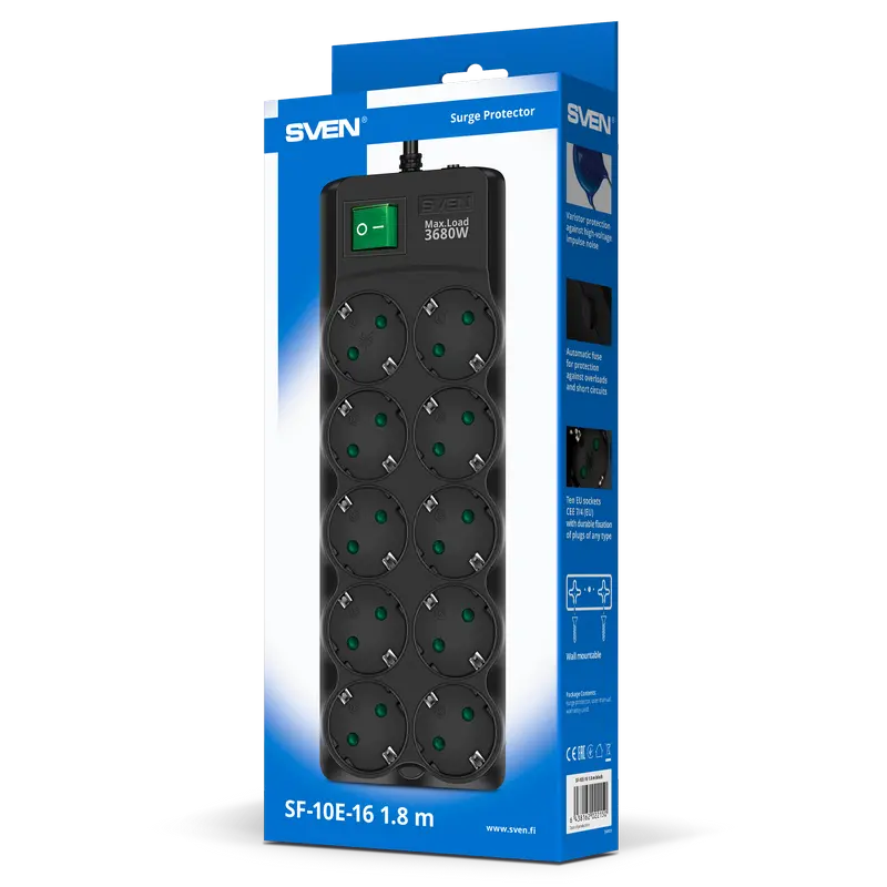 Prelungitor electric SVEN SF-10E-16, 10 Prize, 1,8m, Negru