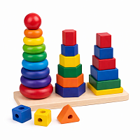 Turn Montessori din lemn 3 coloane, rainbow stacking tower copii, joc sortare forme si culori, cuburi geometrice lemn, jucarie educativa dezvoltare logica, stivuire inele si forme, cadou copii 3+ ani
