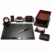 Set Birou Premium 8 Piese, Lemn Lacuit și Marmură, Desk Pad, Ceas Birou, Maro Roscat/Negru Marmorat