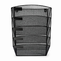 Stativ perete ziare 5 compartimente, metal mesh negru, suport reviste si pliante A4, organizator documente montaj perete