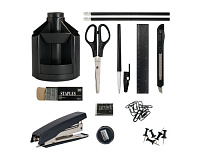 Set pentru birou, rotativ, 12 piese, organizator birou complet, suport pixuri, capsator, foarfeca, rigla, cutter, accesorii office