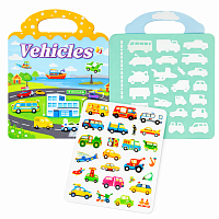 Joc educativ stickere reutilizabile Vehicles, carte activitati copii masini si vehicule, sticker book interactiv, abtibilduri silicon reutilizabile, jucarie Montessori invatare vehicule, joc creativ copii, cadou educativ 3+ ani