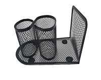 Organizator birou metalic, 3 compartimente, 15 x 10 x 10 cm, suport documente, suport pixuri, plasa metalica, negru, office