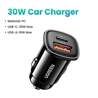 Încărcător Auto Mini UGREEN 30W, Dual Port USB-C/USB-A, Design Compact, Negru